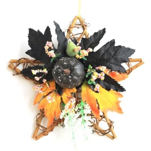 M17D Halloween Wooden Five-Star Wall Hanging Artificial Flower Wreath with Pumpkin Maple Leaves Berries Garland Home Autumn Fall