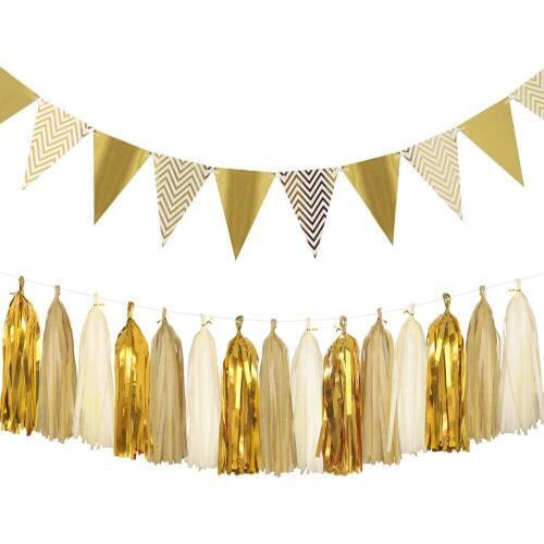 Metallic Gold Sparkly Paper Pennant Banner Flags Bunting and Tissue Paper Tassels Garland for Baby Shower Party Wall Decoration