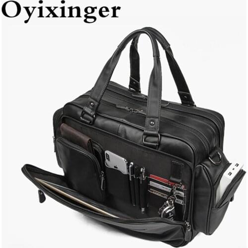 OYIXINGER Natural Cowhide Men Laptop Genuine Leather Laptop Briefcase For 15" 16" Macbook Large Capacity Shoulder Messenger Bags