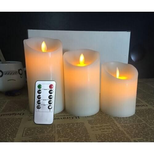 Set of 3 Flickering Pillar LED Candle Light Remote controlled 2/4/6/8H Timer paraffin Wax Dancing wick 10cm-12.5CM-15CM(H)-Amber