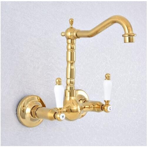 Wall Mounted Bathroom Kitchen Faucet Dual Handle Brass Gold Hot and Cold Water Tap 360 Swivel Long Spout Kitchen Mixer Tap