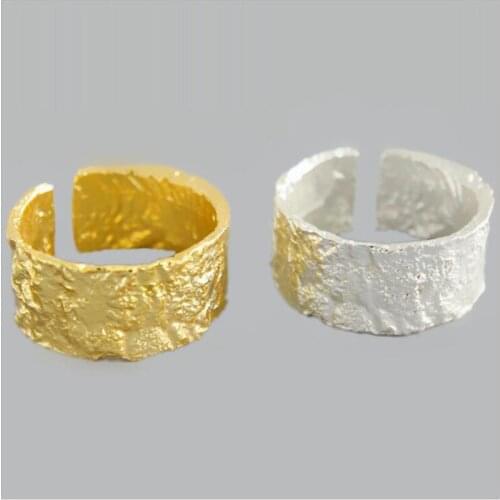 New Personality Irregular Concave Convex 925 Sterling Silver Jewelry Wide Face Gold And Silver Tinfoil Shape Opening Rings R464