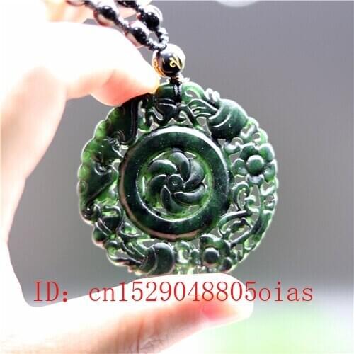 Natural Black Green Jade Flower Pendant Beads Necklace Obsidian Charm Jewelry Double-sided Hollow Carved Amulet Gifts for Women