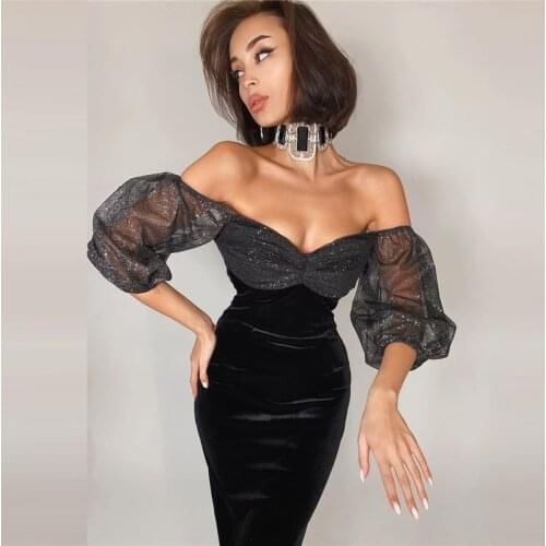 Elegant Black Women Dress New Fashion Off Shoulder Short Sleeve Midi Sexy Dresses Celebrity Party Club Sheath Vestidos