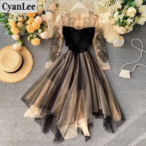 Cyanlee Women Sexy Club Mesh Dress Summer New Solid O-neck Lace Mid-Calf A-Line Slim Chic Retro Female Fashion Dresses Vestido