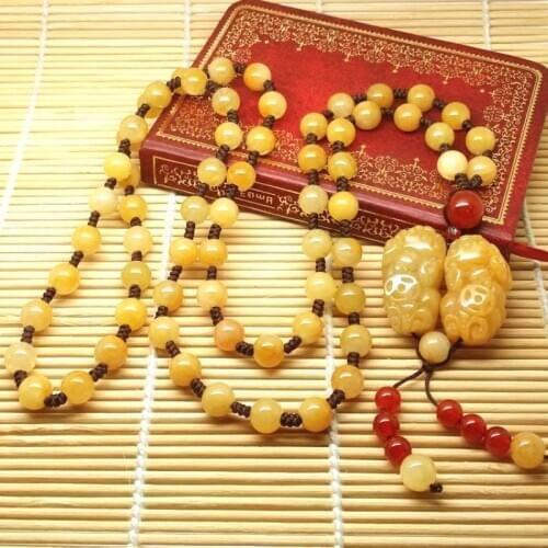 Beautiful two Pi Xiu Pendant Amulet Huang Long Jade Mala Bead Hanging Necklace accessory