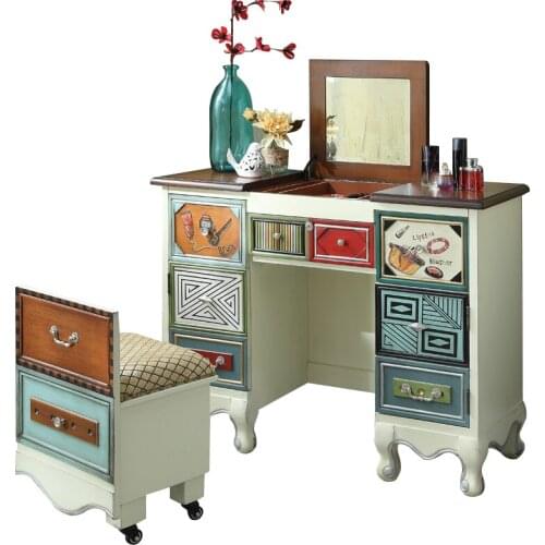 TT Country Painted Bedroom Dressing Table Northern European Solid Wood Makeup Table European Retro Art Mediterranean