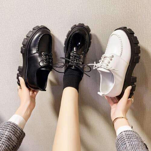 Women Platform Flats Heel Shoes Lace Up Flats Women Fashion Shoes for Women PU Leather Flats Female Black Basic Shoes Plus Size