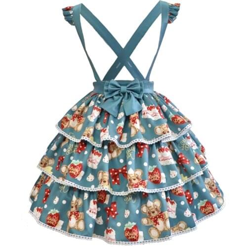 2021 Japanese Sweet Cute Bear Printed High Waist JSK Lolita Skirt Casual Lovely Retro Bowknot Teen Girls Princess Cake Skirts