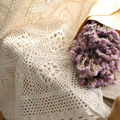 Retro Beige Crochet Lace Hollow Crochet Flower Sheer Curtain For Living Room American Rustic White Handmade Curtain Tulle