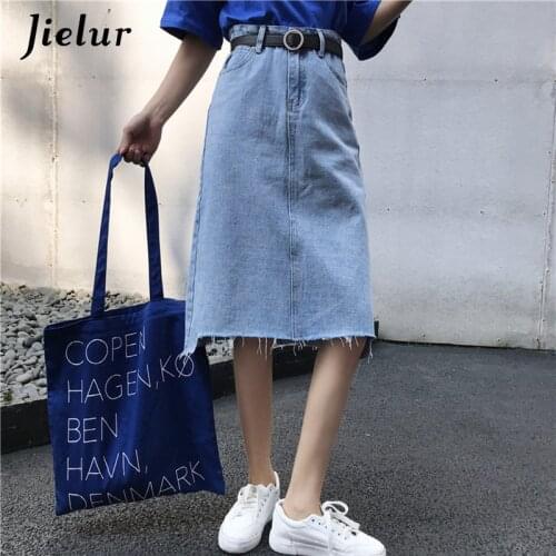 Jielur Skirts Womens Summer 2020 New Button Pocket High Waist Jupe Femme Solid Color Slim Skirt S-L Black Irregualr Denim Skirt
