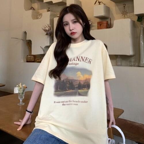 Female Korean Harajuku Landscape Letter Print Loose Tshirt Womens T-shirts Tops Japanese Kawaii Ulzzang Clothes For Women