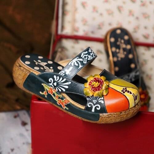Retro Flowers Woman Slippers Pattern Stitching Genuine Leather Adjustable Comfortable Elegance Printing Flat With Women Shoes