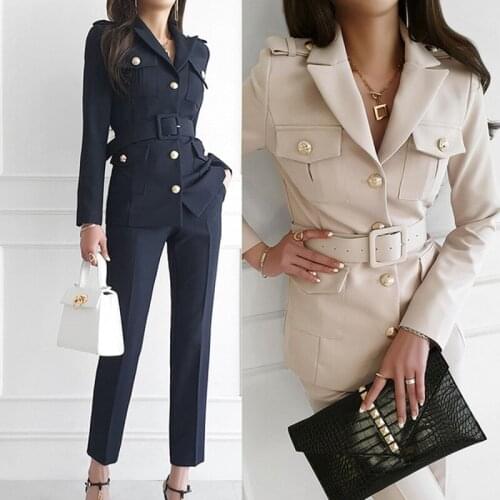 High Quality Autumn Winter Formal 2 Pieces Set Women Single-Breasted Slim Matching Belt Blazer Tops&High Waist Pencil Pants Suit