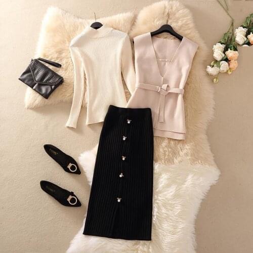 Women 2021 Autumn Winter Casual Knit 3 Pieces Sets Female Long Sleeve Sweater+Vest and High Waist Pencil Skirt Suit Outfits Y292