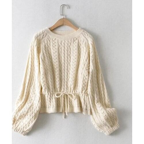 Women 2021 Fashion Elegant Beige Twist Knitted Sweater Jumper O Neck Female Tunic Pullovers Drawstring Chic Tops Clothes