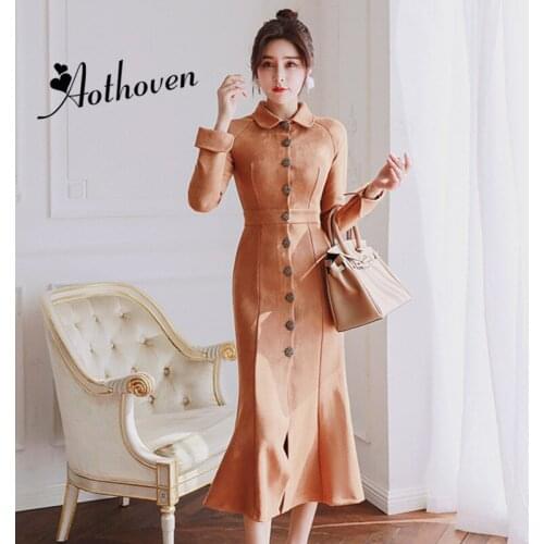 Autumn Khaki Long Sleeve Single-breasted Women Suede Dress 2018 Elegant Bodycon Office Lady Dress Vintage Sexy Party OL Dresses