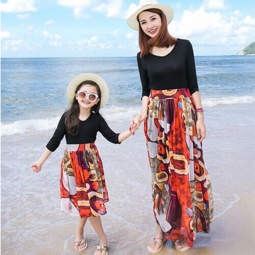 2017 Mother Daughter Dresses Bohemia Long Sleeve Family Look Matching Clothes Cotton Mom And Dress Clothing