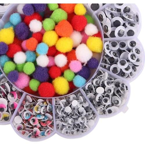 900Pcs Googly Wiggle Eyes Self Adhesive Stickers with 100 pcs Pom Poms DIY Crafts Set For Toys Handicrafts DIY Doll Accessories