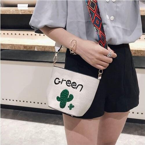 Aaby New 2018 Summer Bucket Handbag Cactus Embroidery Shoulder Bag Fashion Shoulder Strap Straw Beach Bag Tree Embroidery