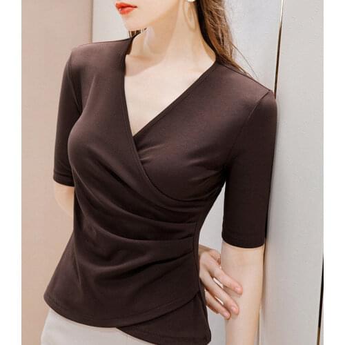 Blouse Women 95% Cotton Short Sleeve Shirts Female 2020 Fall V-neck Half-Length Sleeve Underwear Blusas Ropa De Mujer
