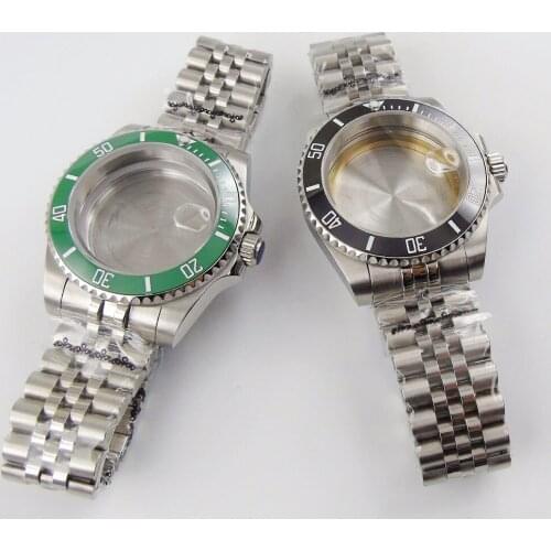 Sub Steel 40mm Watch Case for NH35 ETA 2836 MIYOTA 8215 Sapphire Glass Jubilee Bracelet Seeing/Mental Back Green Insert
