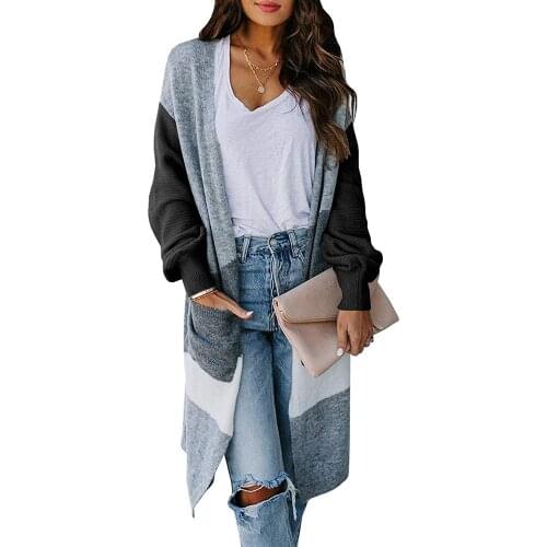 Long Sleeve Irregular Color-blocking Knitted Long Cardigan Autumn Winter Lantern Sleeve Cardigan Coat