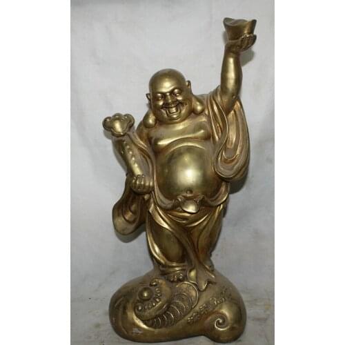 Fast shipping USPS to USA S2227 20" Chinese Brass Stand Ru Yi Wealth Money Happy Laugh Maitreya Buddha Statue