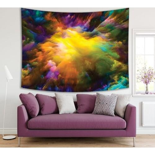 Tapestry Abstract Futuristic Art Arrangement Vibrant Paint Surrealistic Nature Volcano Forest Mountain Blue Green Yellow Purple