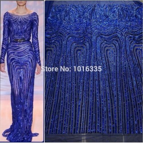 Royal blue sequins tulle Embroidered lace for fashion show design lace fabric wholesale