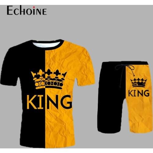 Echoine Mens KING Print Tracksuit fashion Sportswear Two Piece Set T Shirt Shorts Track Clothing Male Summer Sweatsuit Suits