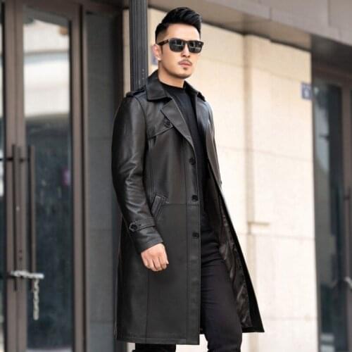 Fashion Mens Single Breasted Military Belted Long Trench Coat High Quality Business Office Work Sheepskin Genuine Leather Jacket