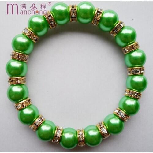 New mode 10mm green pearl Bezel Set auger bracelet With elastic Good quality green pearl plastic beads bracelet