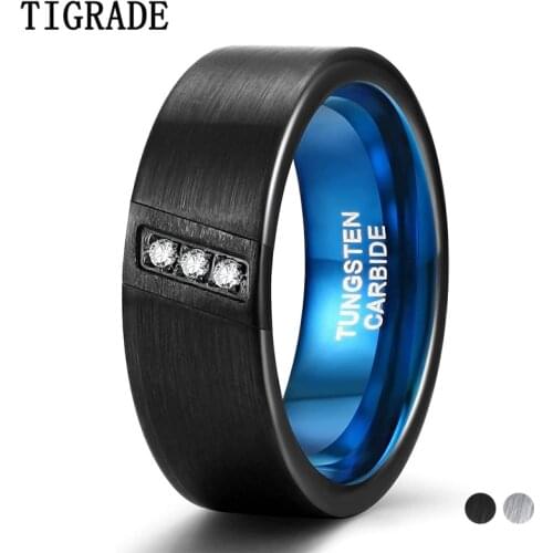 Tigrade 8mm Mens Wedding Bands Cubic Zirconia Tungsten Rings Three Stone Diagonal Diamonds Silver/Black Blue Size 7-13