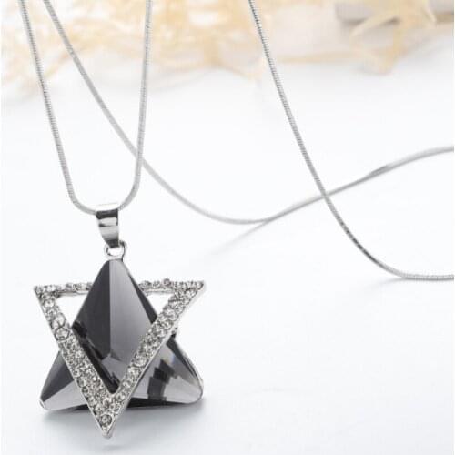 Sweater Necklace Triangle Gray Blue Glass pendant alloy part Crystal setting silver plated brass Long Chain