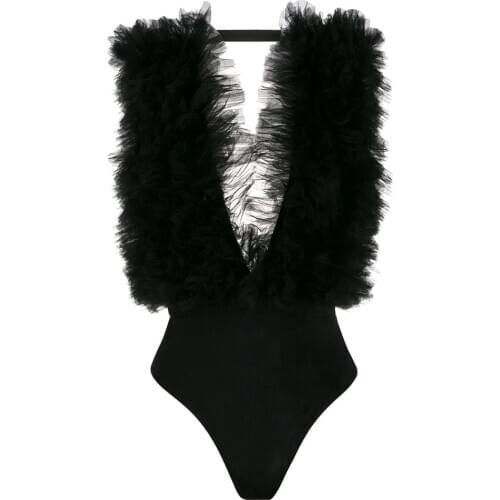 Sexy Black Tulle Bodysuits Deep V-Neck Tiered Ruffled Pants Beach Party Tops High Street Women Tulle Blouse Shirt Custom Made