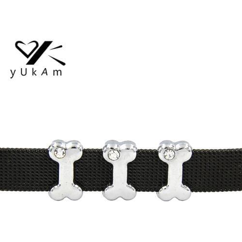 YUKAM Crystal One Rhinestone Pet Cat Dog Bone Slide Charms for Collar Wristband DIY Stainless Steel Mesh Keeper Bracelets Making