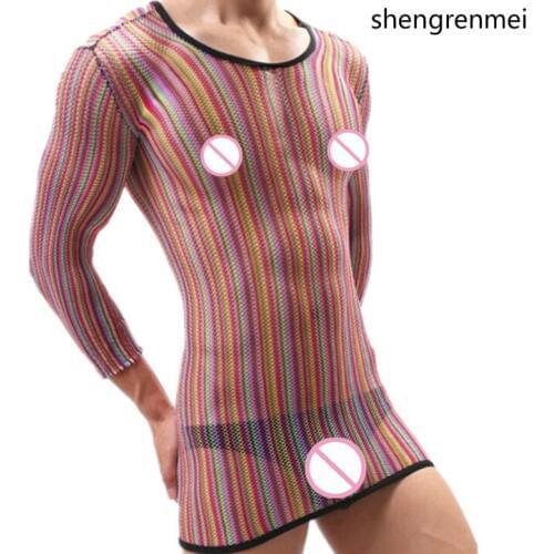 Shengrenmei Sexy Lingerie Gentleman Underwear Male Colorful Bodysuit Men Stripe Fishnet Clothing Man Sissy Long Sleeve Nightwear