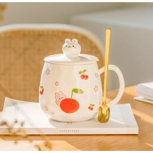 Cute cartoon rabbit ceramic cup with lid spoon home mug cup girl heart water cup creative-breakfast cup milk oatmeal cup