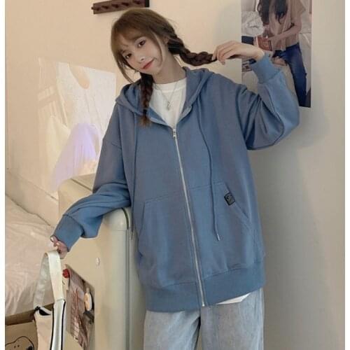 Zip up Women Korean Style hoodies For Girls Top Vintage Solid Long Sleeve Hooded Thin Sweatshirt Jacket Casual Large Coats 2021