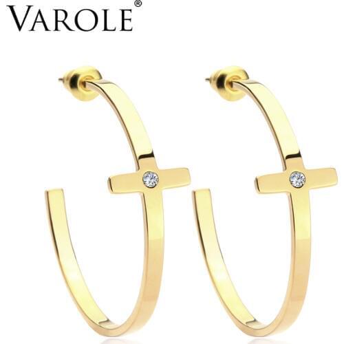 VAROLE Cross Shining Crystal Circle Large Hoop Earrings Stainless Steel Earings Big Hoops Earring For Women Brincos Grandes