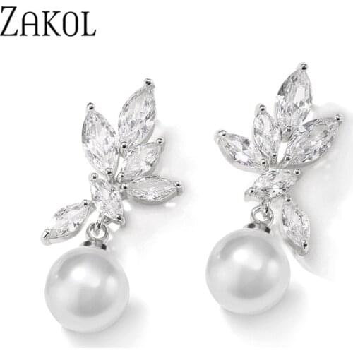ZAKOL New Cute Romantic Cubic Zirconia & Imitation Pearls Dangle Drop Earrings for Women Fashion Leaf Wedding Jewelry EP5032