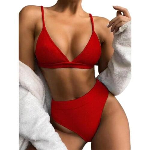 Womens Sexy 2 Piece Bikini Set Ribbed Striped Solid Color Triangle Brazilian Swimsuit High Waist Push Up Padded Bathing Dropship