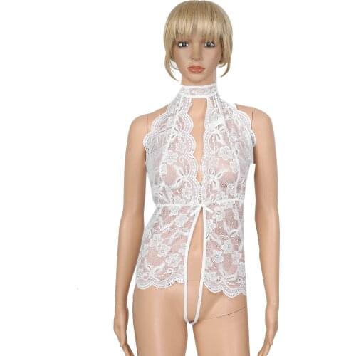 Womens Erotic Bodycon Lace Lingerie Suit Halter Neck Crotchless Bodysuit Flower Pattern Deep V Neck Crotchless Underwear