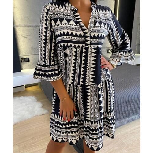 2021 Woman Geometric Print Sleeve Summer Dress Three Quarter Sleeve V Neck Beach Mini Dresses for Women Party Loose Sundress