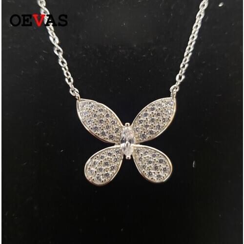 OEVAS Solid 925 Sterling Silver Spaekling Full Zircon High Carbon Diamond Butterfly Pendant Necklace Women Party Fine Jewelry