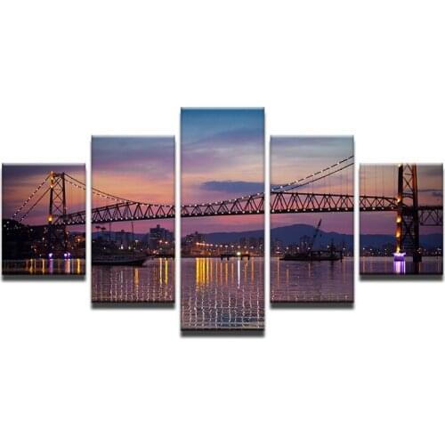 5 Panels Modern Canvas Oil Painting Landscape Night Of The Bridge In New York Painting For Bedroom
