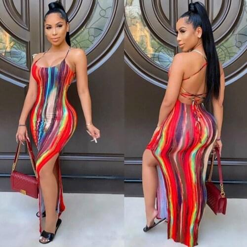 BKLD 2021 Summer New Style Spaghetti Strap Sexy Bandage Lace-Up Backless Printing Bodycon Split Maxi Dress Women Party Clubwear