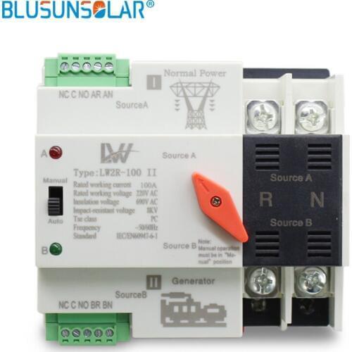 Din Rail 2P 100A 220V AC ATS Dual Power Automatic Transfer Switch Electrical Uninterrupted Power Blusunslar Mini rcd leakage