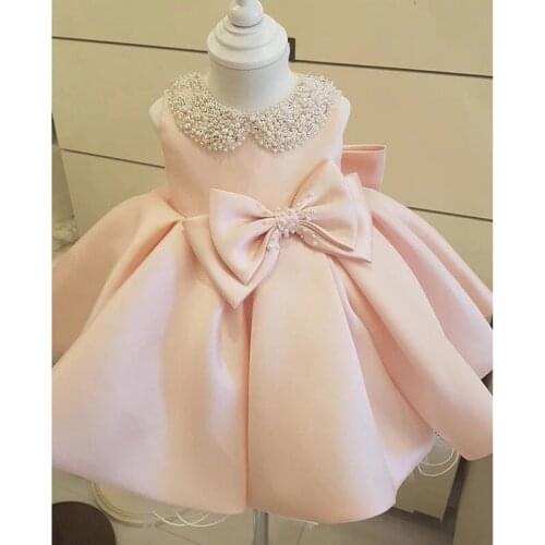 Elegant Beaded Bow Flower Girl Dress Party Pageant Gown Baby Baptism Gown Pink Tulle Princess Wedding Kids First Communion Dress